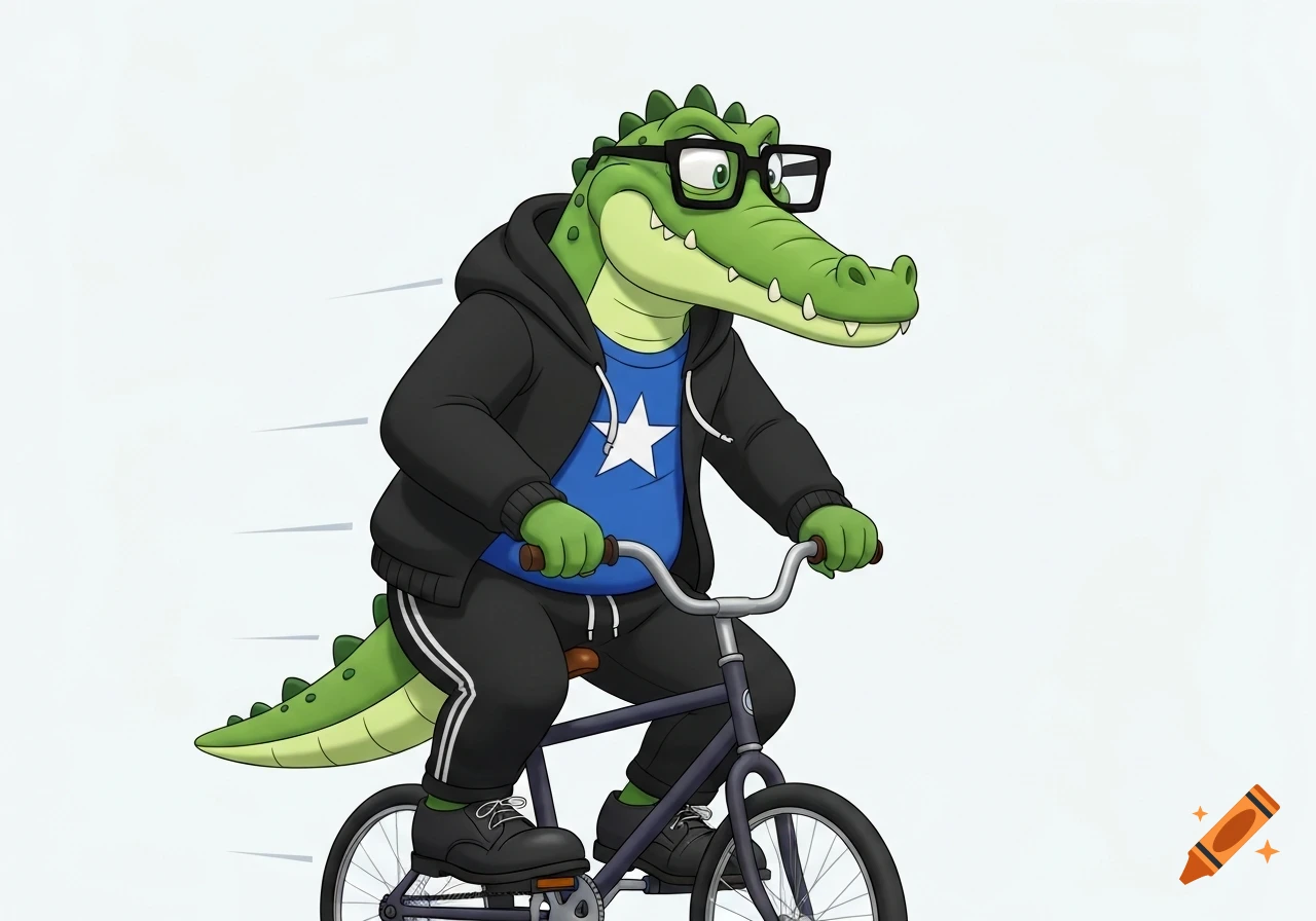 A friendly cartoon alligator wearing glasses, a hoodie, and sweatpants, riding a bicycle.