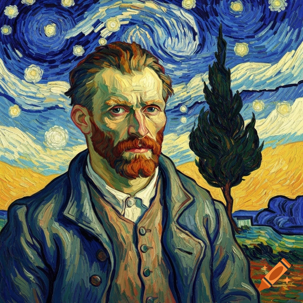 A vibrant self-portrait of Van Gogh with a red beard, rendered in his signature impasto style against a swirling starry night sky.
