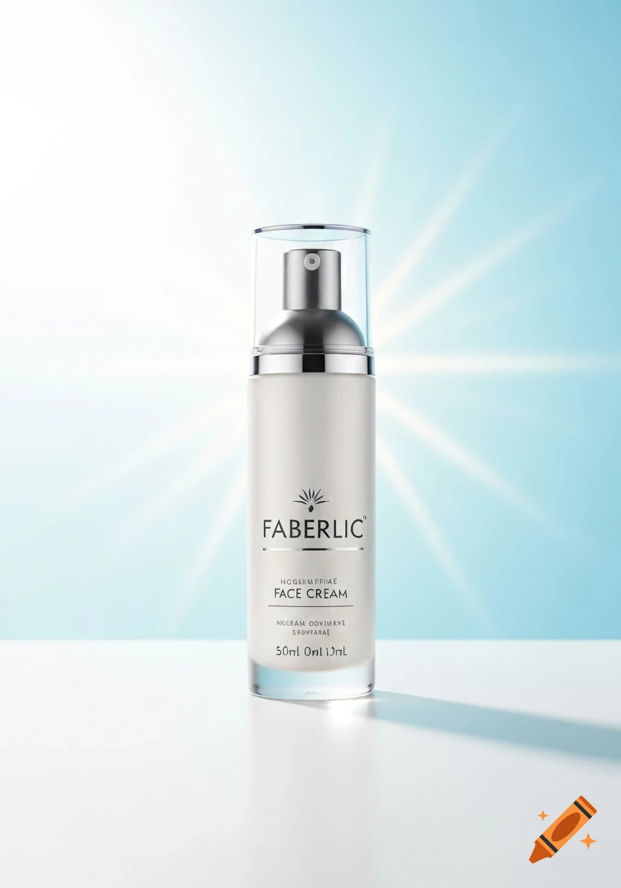 White Faberlic face cream pump bottle with a clear cap on a white surface against a bright blue background with sun rays.