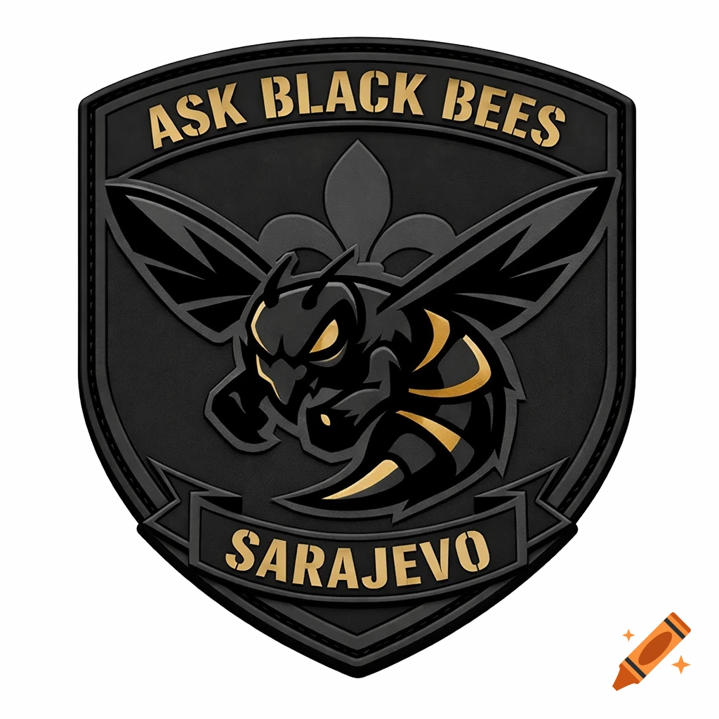 A black shield-shaped PVC morale patch with an aggressive stylized black bee and gold accents. Text reads "ASK BLACK BEES" and "SARAJEVO".