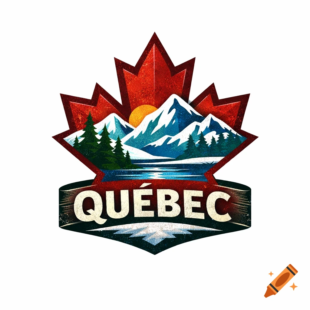 Stylized red maple leaf logo with a landscape inside, featuring snow-capped mountains, trees, a lake, and a sun. A banner below reads QUÉBEC.