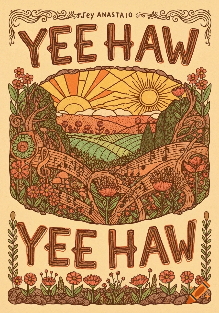 A folk art poster featuring a stylized landscape with rolling hills, suns, flowers, and music notes, with "YEE HAW" repeated and "t.rey ANASTASIO" at the top.