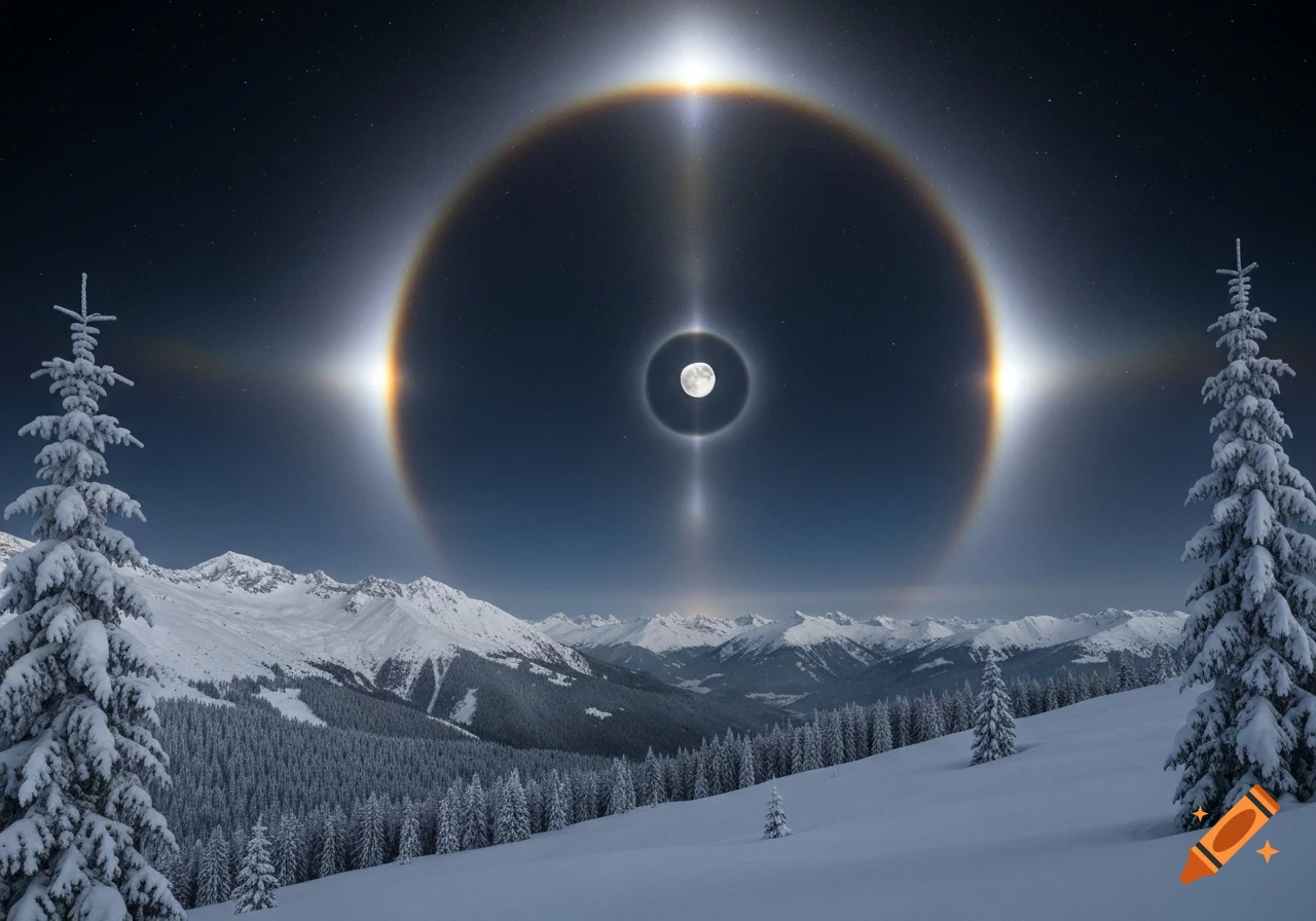 Photorealistic image of a snowy mountain range at night under a starry sky, with a full moon and two prominent halos.