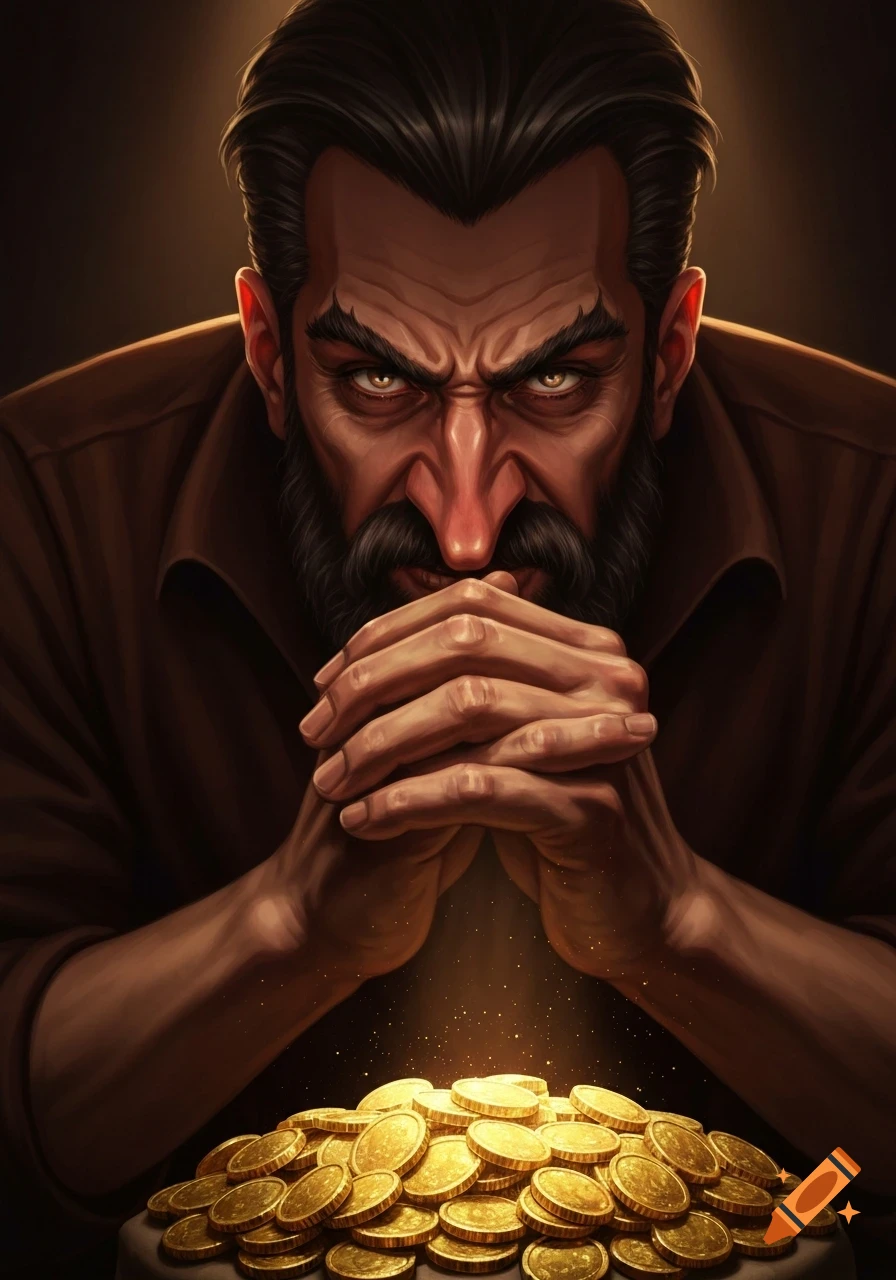 An intense, bearded man with furrowed brow and clasped hands gazes greedily at a glowing pile of gold coins in a dark, stylized illustration.