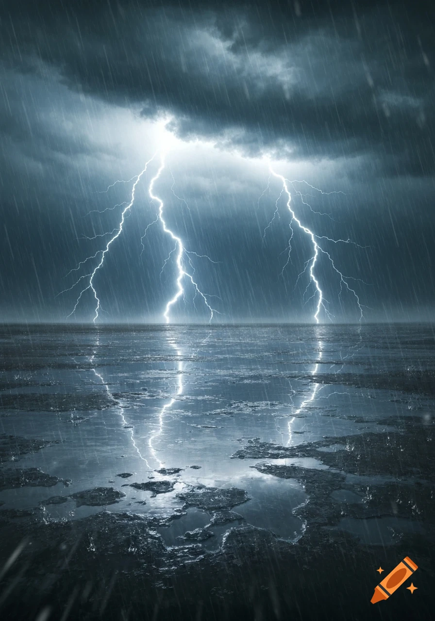 A dramatic stormy landscape with heavy rain and multiple lightning strikes reflecting on a wet, dark ground.