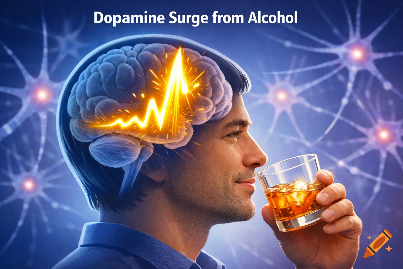 Conceptual illustration of a man drinking alcohol with a glowing brain showing a dopamine surge. Infographic style.