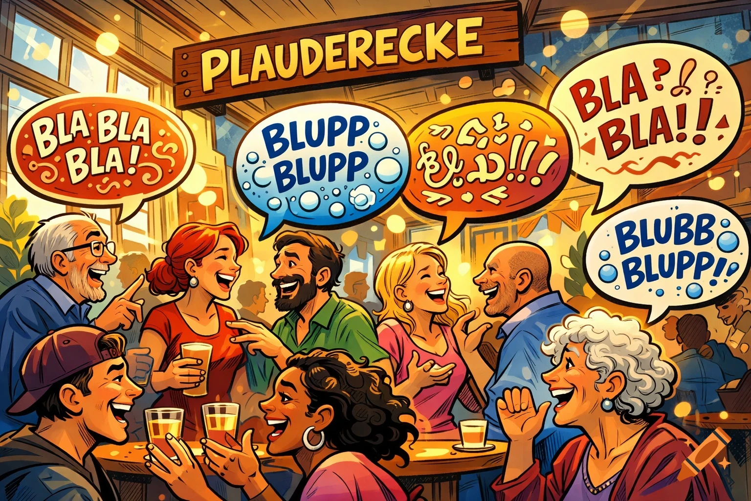 A group of diverse people laughing and chatting in a comic art style, with speech bubbles containing "BLA BLA BLA!" and "BLUPP BLUPP" over a sign reading "PLAUDERECKE".