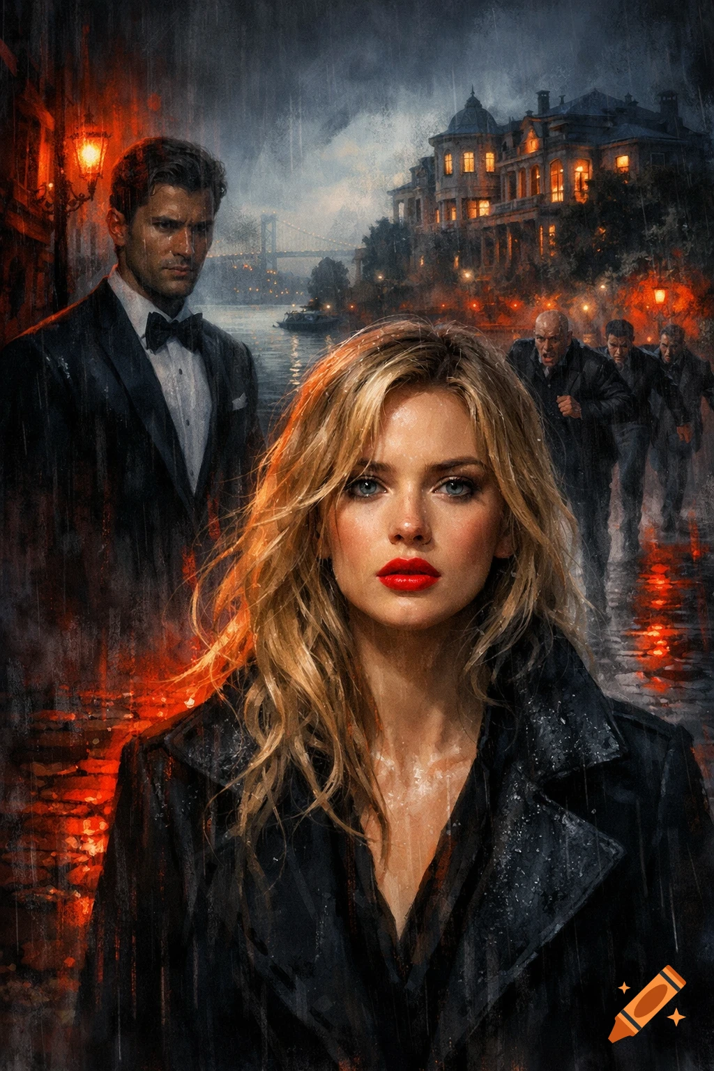 A blonde woman in a black coat in the foreground of a rainy Istanbul street with a man in a tuxedo and other men behind her, stylized as a dramatic book cover.