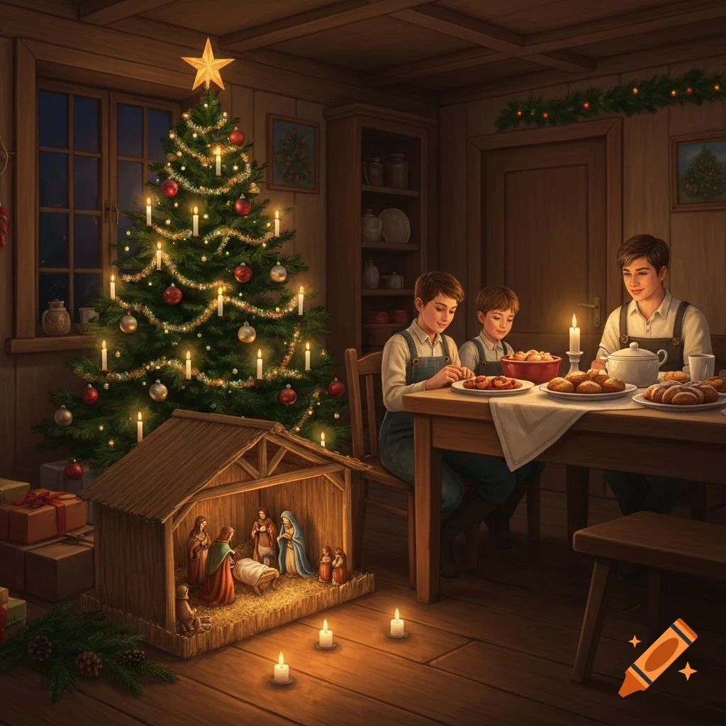 Three boys prepare a meal at a wooden table in a warm, dimly lit room next to a decorated Christmas tree and a nativity scene.
