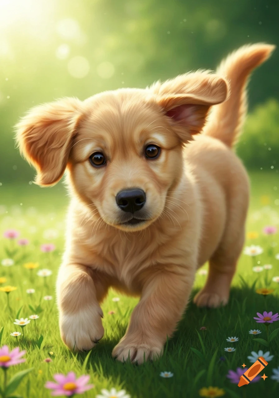 A fluffy golden retriever puppy runs through a sunny green field with colorful flowers.