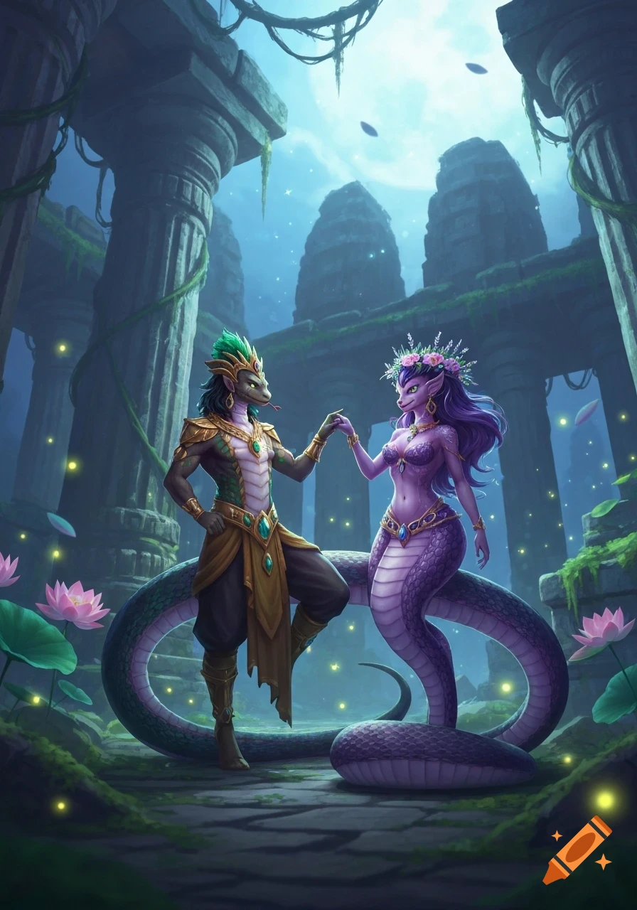 A fantasy digital painting of a snake prince and princess holding hands in ancient ruins with glowing water lilies.
