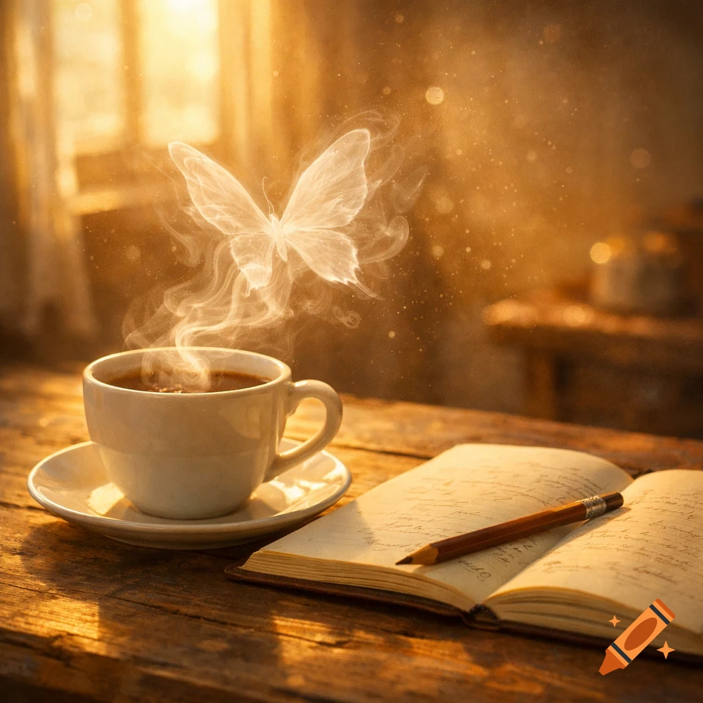 A steaming coffee cup with a butterfly-shaped wisp of steam, next to an open notebook and pencil on a sunlit wooden table.