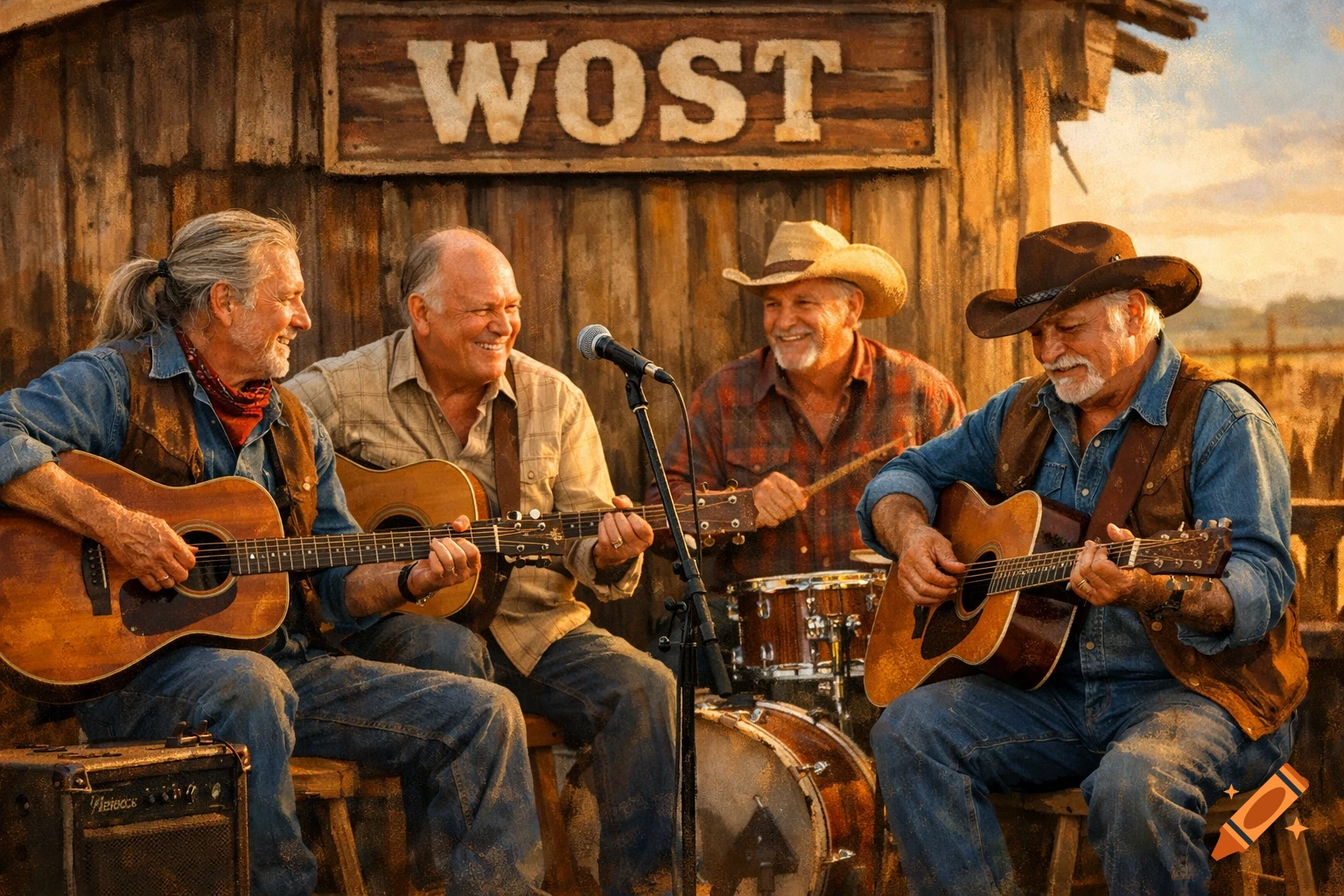 Four older men with guitars and drums, smiling and playing music outdoors in front of a rustic wooden building with a 'WOST' sign. The scene has a warm, painterly feel.