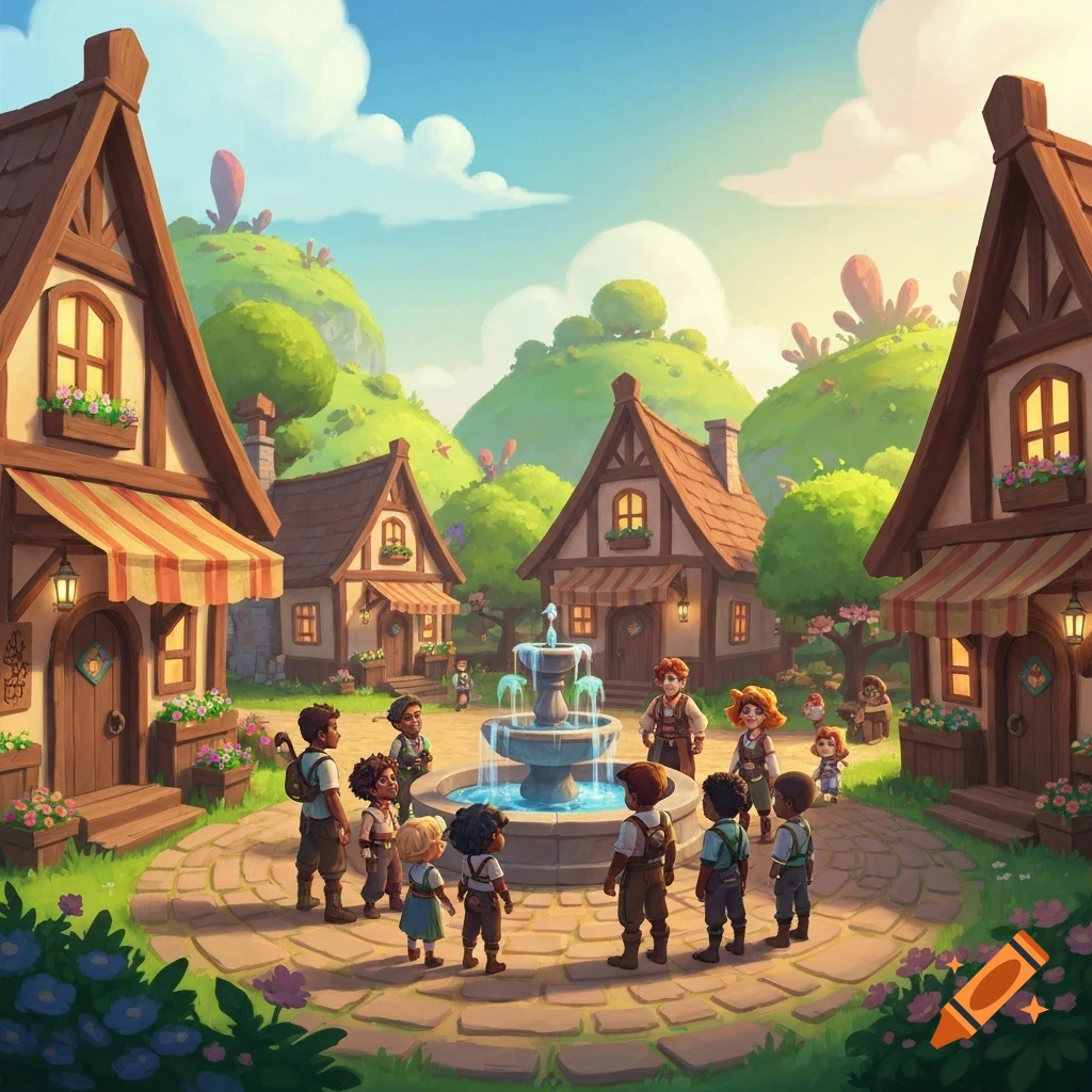 A vibrant cartoon fantasy village scene features diverse children and adults gathered around a stone fountain, surrounded by charming houses and rolling green hills.