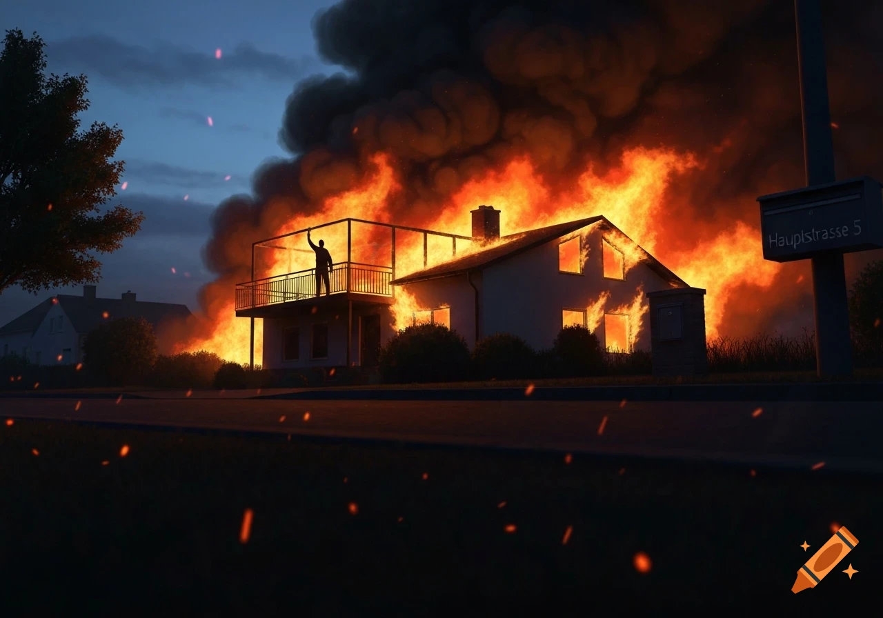A house engulfed in large flames and smoke at dusk, with a person waving from a second-story balcony. A street sign reads "Hauptstrasse 5".