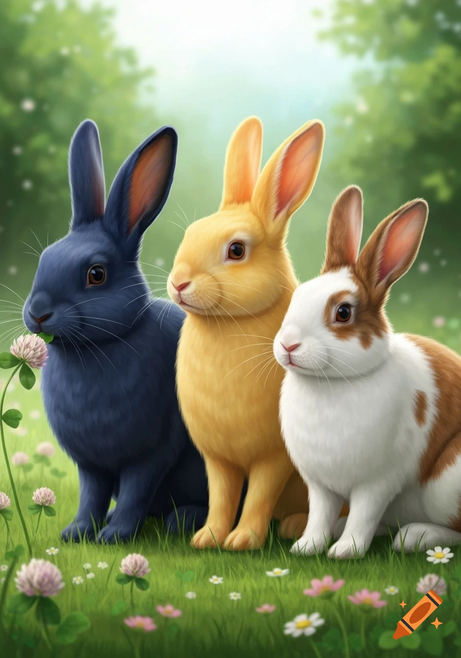 Three colorful rabbits: one dark blue, one yellow, and one white and brown, sit in a green grassy field with clover and small flowers in a bright, illustrative style.