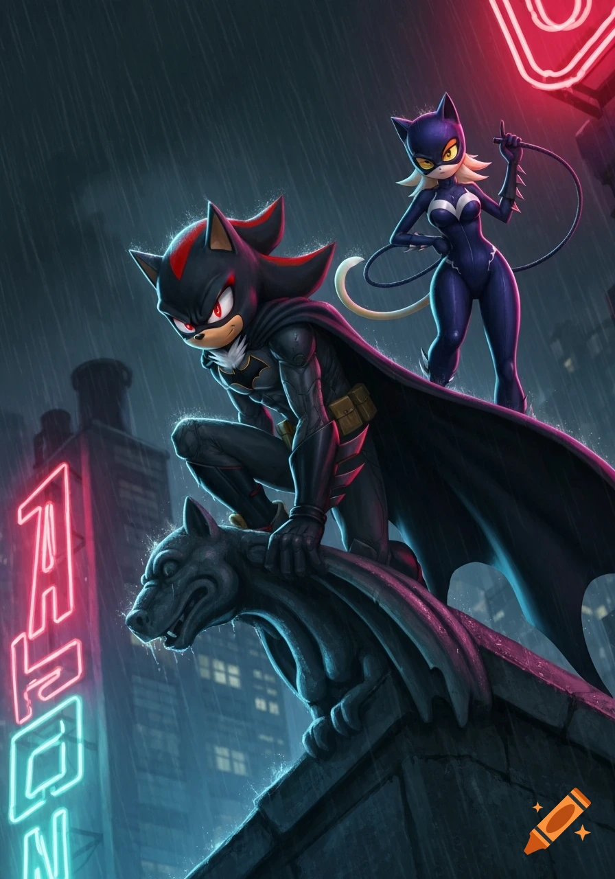 Shadow the Hedgehog as Batman and Rouge the Bat as Catwoman pose on a gargoyle on a rainy city rooftop at night, cartoon style.