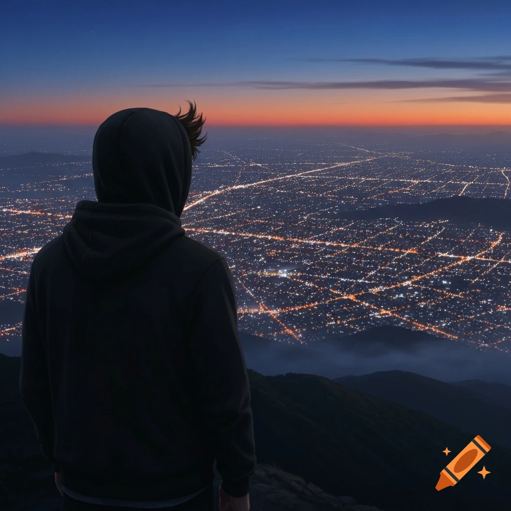 A person in a black hoodie looks out over a vast city illuminated by lights at night from a mountain peak.