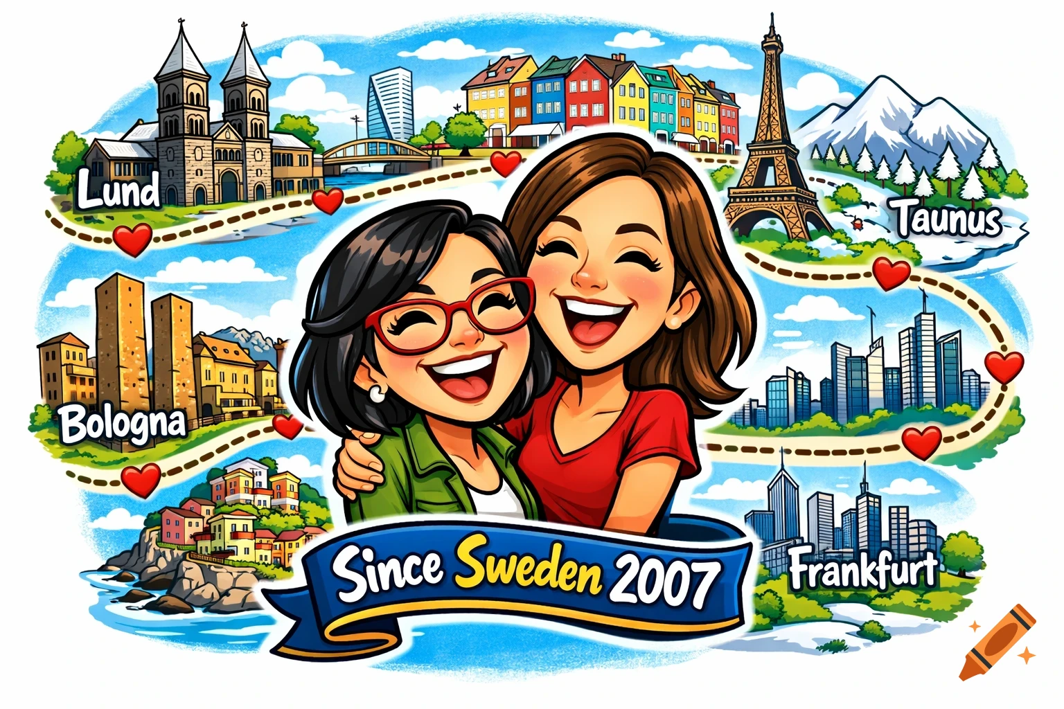 Cartoon illustration of two laughing female friends hugging amidst a map of European landmarks and cities like Lund, Bologna, Taunus, and Frankfurt, with a banner that reads "Since Sweden 2007".