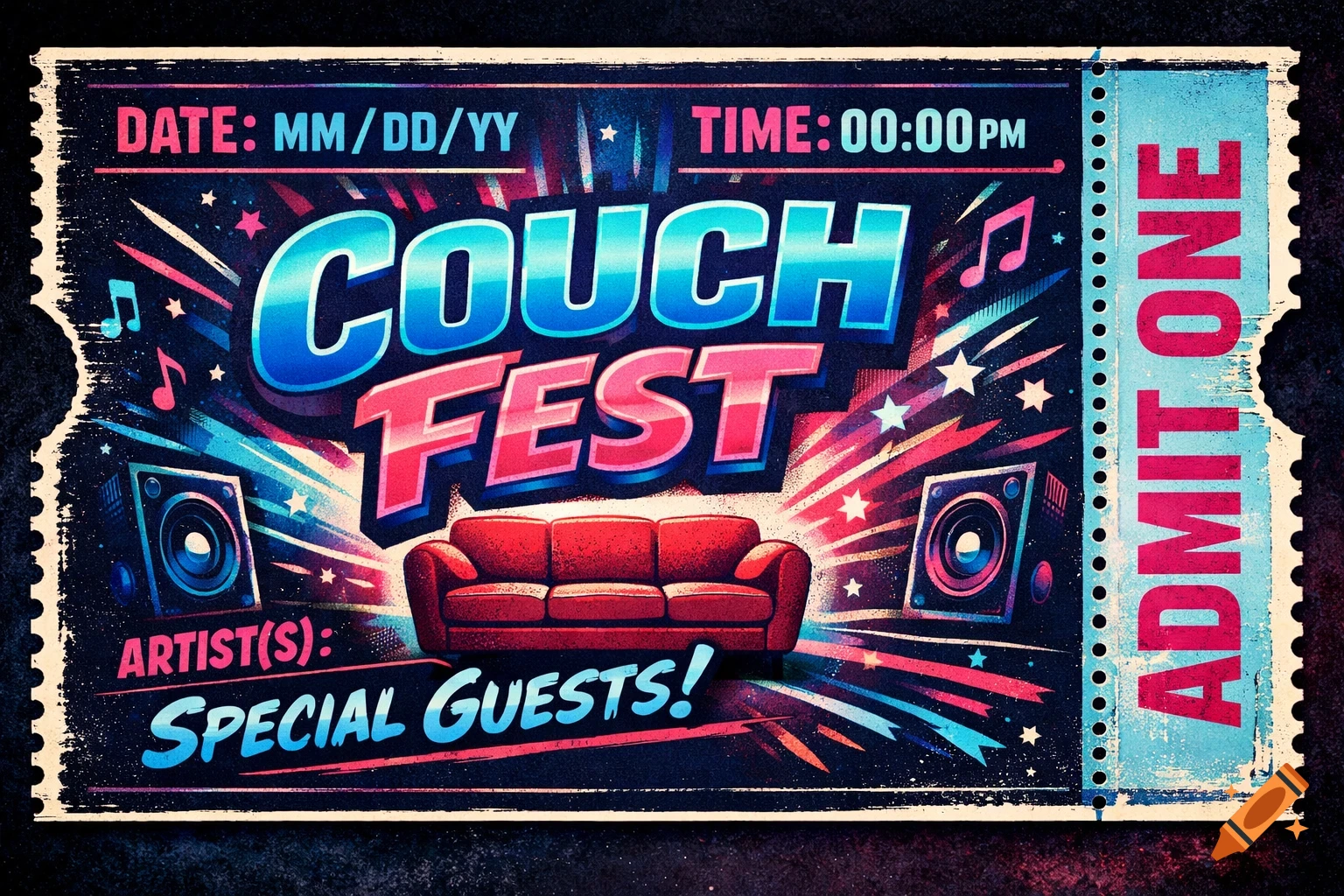 A vintage concert ticket for 'Couch Fest' with a red couch, speakers, glowing text, and starbursts on a dark background.
