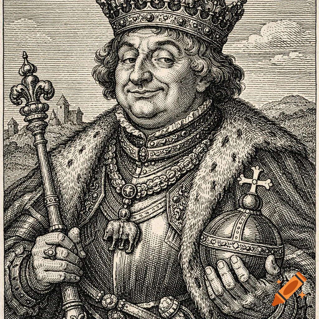 Black and white historical engraving of a plump prince in a crown and fur-trimmed robes, holding a scepter and orb with a smug look.