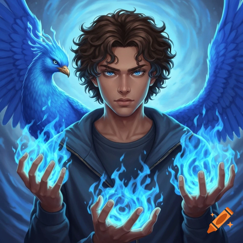 A young anime man with curly brown hair and blue eyes holds blue fire, a blue phoenix is behind him in a fantasy art style.