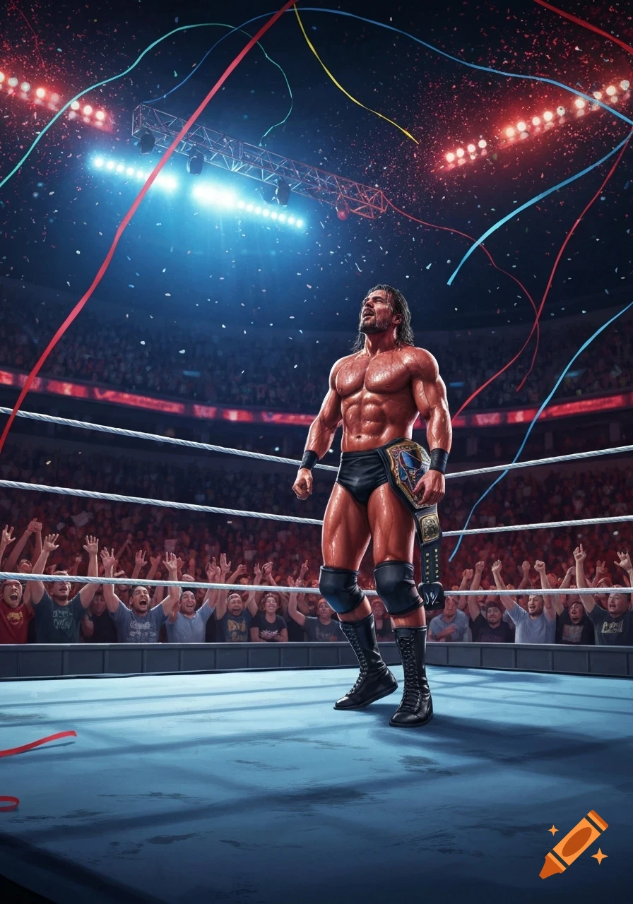 A muscular male wrestler holding a championship belt in a brightly lit ring with confetti falling and a cheering crowd.