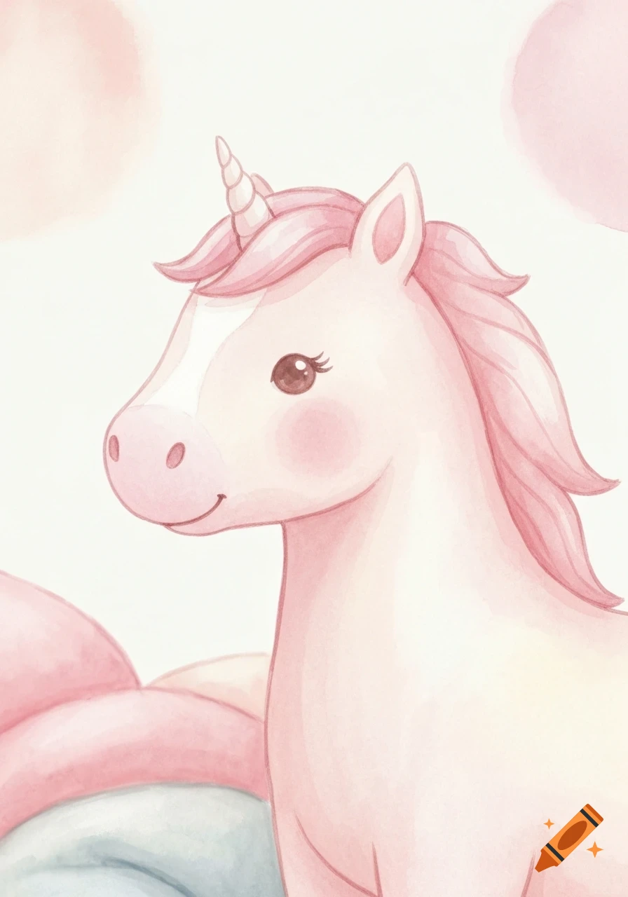 Close-up watercolor illustration of a cute, light pink unicorn head with a small horn, gentle expression, and soft pastel colors.