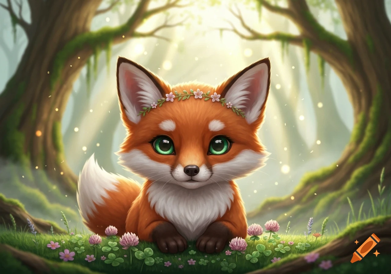 A cute cartoon fox with big green eyes and a flower crown sits in a magical forest with glowing light and small flowers.