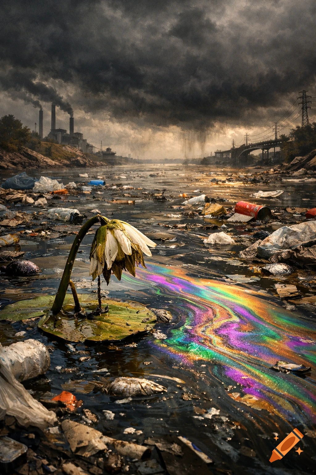 A heavily polluted river filled with trash, an oil slick, and a wilting lotus flower, with smoking industrial factories under a dark, stormy sky.