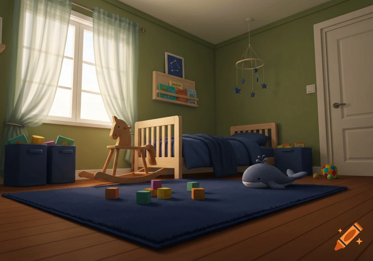 A cozy child's bedroom with a wooden crib, rocking horse, blue rug, and green walls, featuring a window and a ceiling mobile.