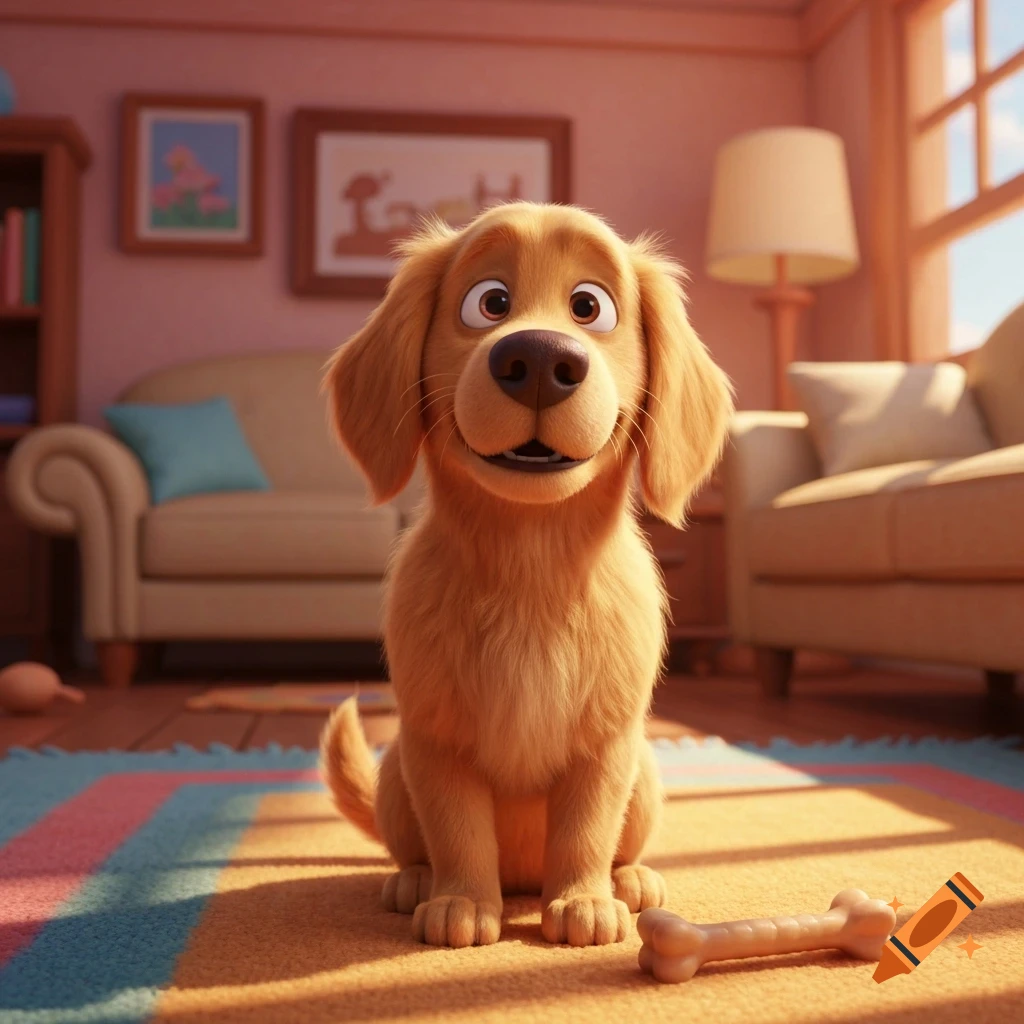 A smiling, fluffy golden retriever puppy in Pixar style sits on a colorful rug, a bone nearby, in a sunlit living room.
