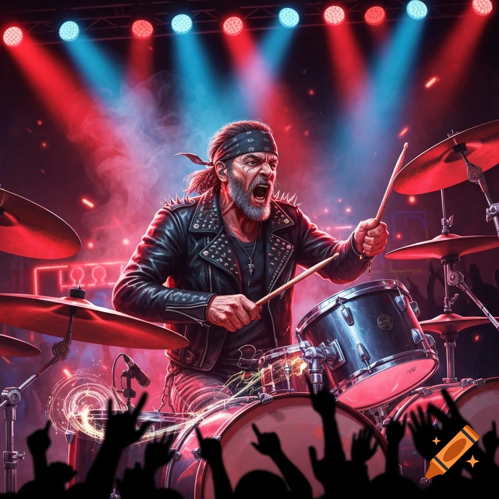 A bearded rock drummer with a bandana and leather jacket intensely plays drums on stage under red and blue spotlights, with a silhouetted audience.