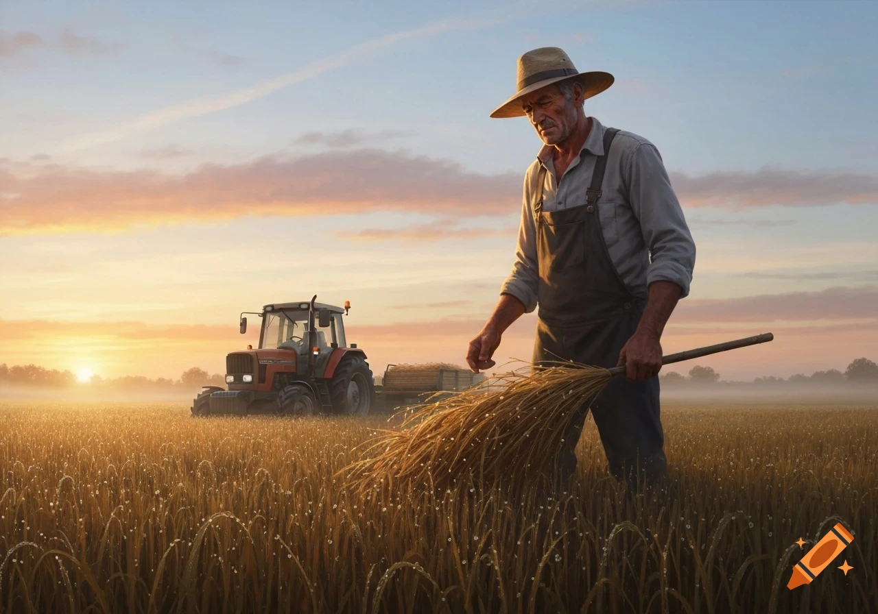 A hardworking farmer in a golden wheat field at sunrise, holding harvested crops with a tractor in the background. Realistic style.
