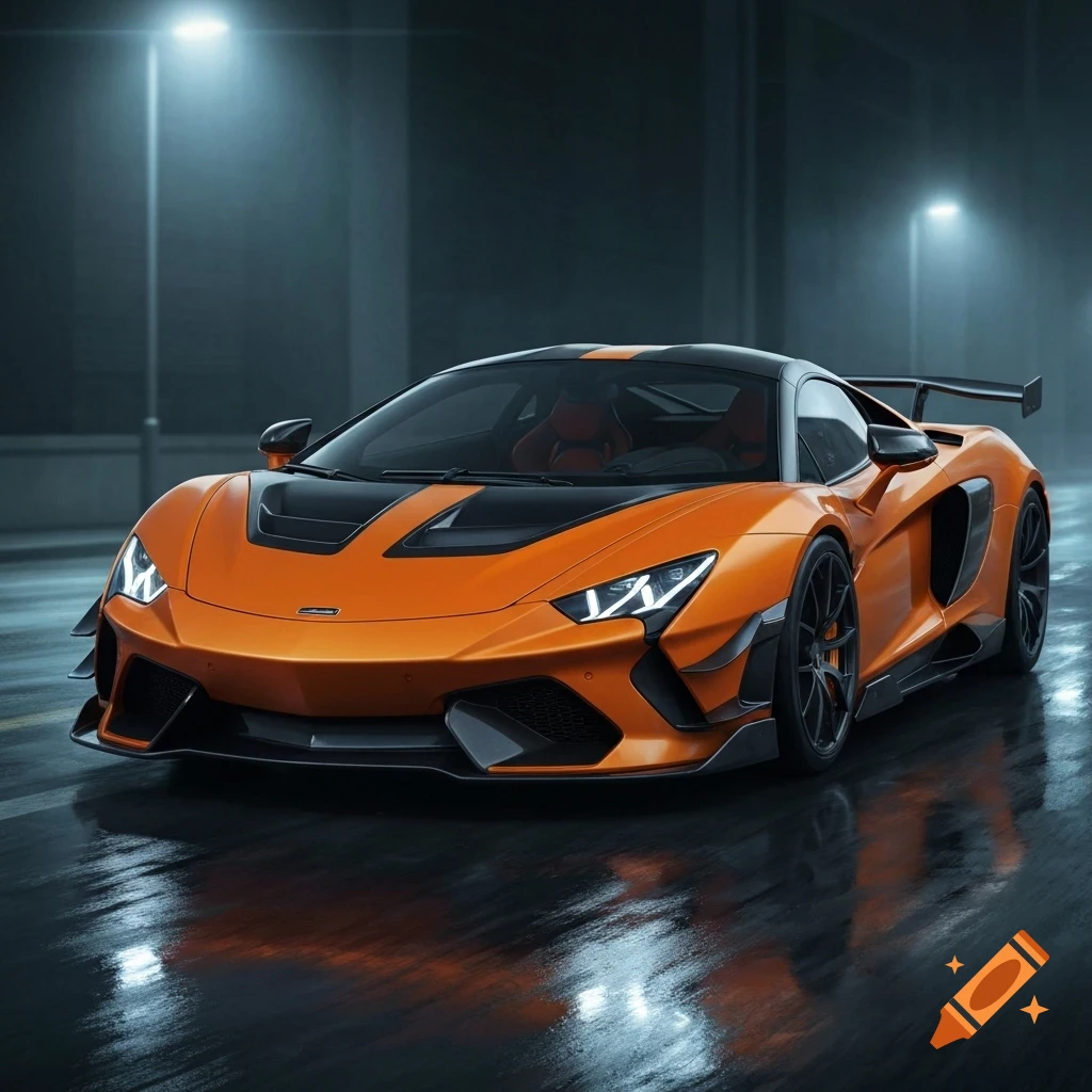 A sleek orange and black sports car with bright headlights sits on a wet, dark road at night, reflecting streetlights.