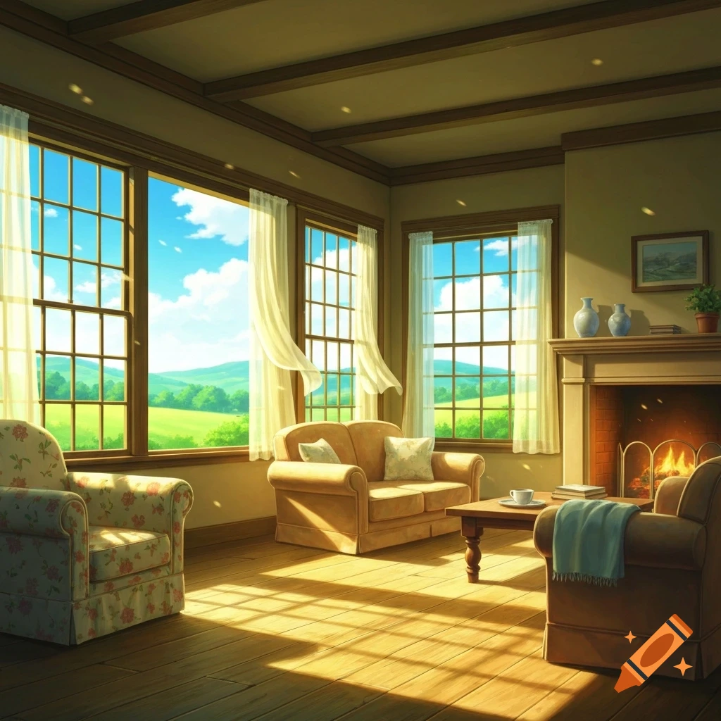 A bright, anime-style living room with large windows overlooking green hills, sunlit wooden floors, and a lit fireplace.
