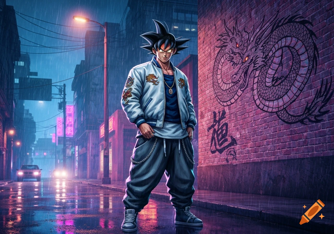 Goku in a white bomber jacket and baggy pants stands confidently on a rainy city street at night, next to a brick wall with dragon graffiti.