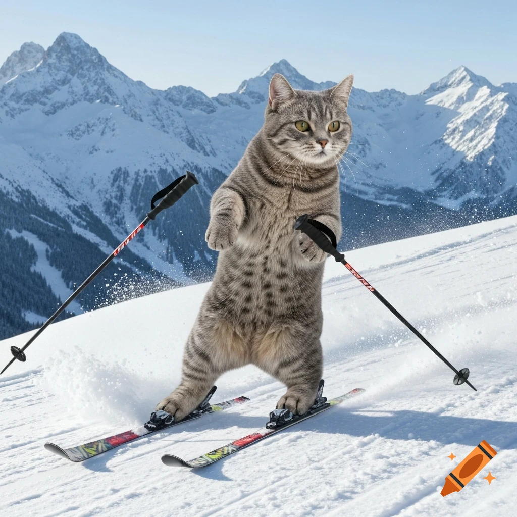 A photorealistic grey tabby cat skis down a snowy mountain slope, kicking up snow, with towering peaks in the background.