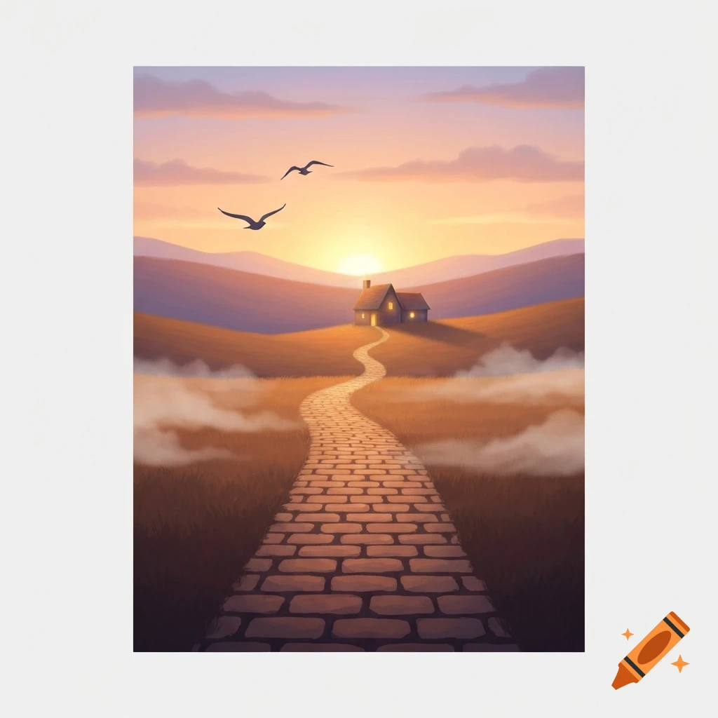 Stylized illustration of a winding brick path to a house on a hill at sunset with mountains and two birds.