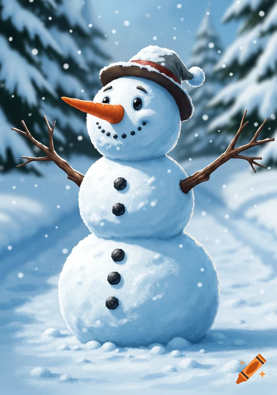 A smiling snowman with a hat, carrot nose, and twig arms stands in a snowy forest in a comic-style illustration.