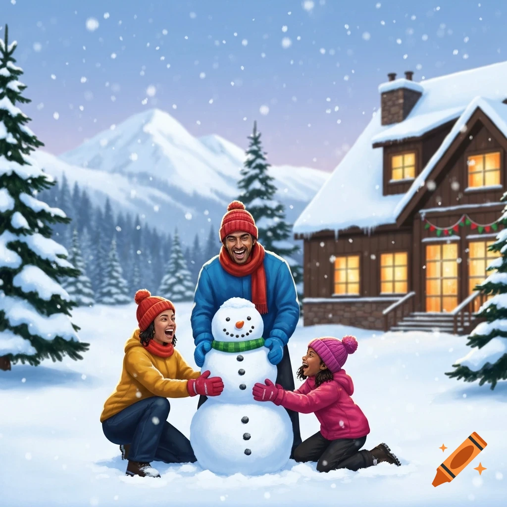 An illustrative image of a family building a snowman in a snowy mountain scene with a cozy cabin.