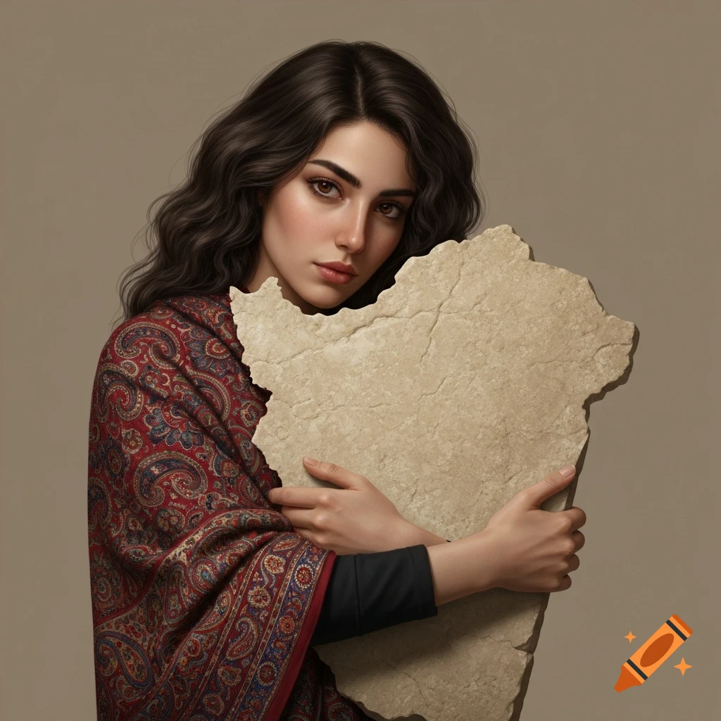 A young Persian woman with dark wavy hair, in a patterned red shawl, holds a beige stone tablet shaped like the map of Iran. Photorealistic.