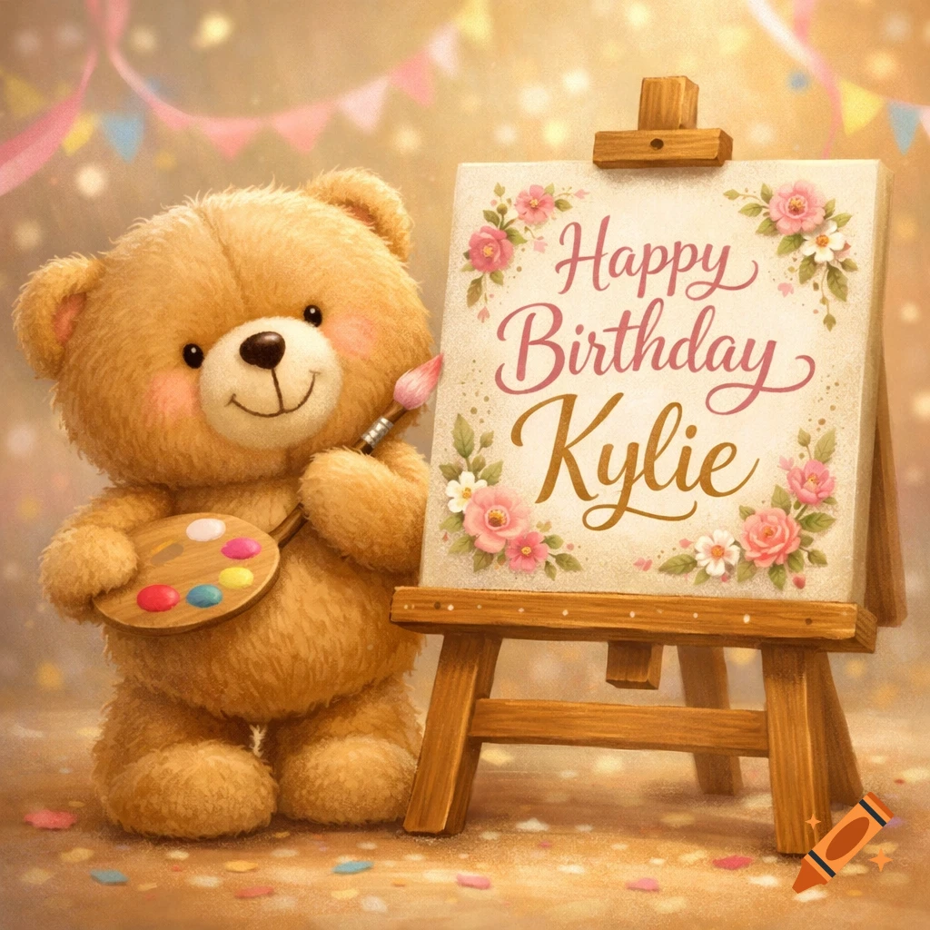 A fluffy brown teddy bear holds a paintbrush and palette next to an easel displaying "Happy Birthday Kylie" with flowers, in a warm illustration.