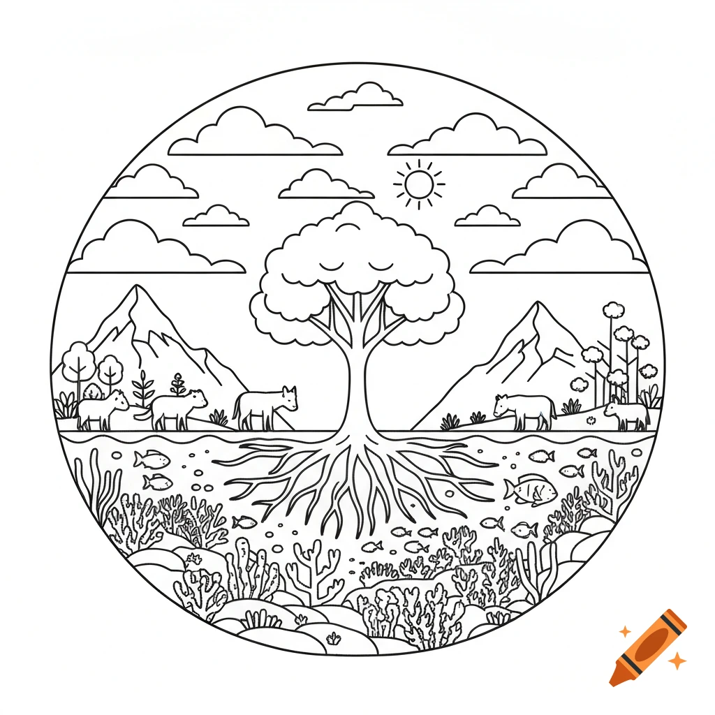 Black and white line drawing of a circular ecosystem showing a tree, mountains, cows, fish, and marine life for coloring.