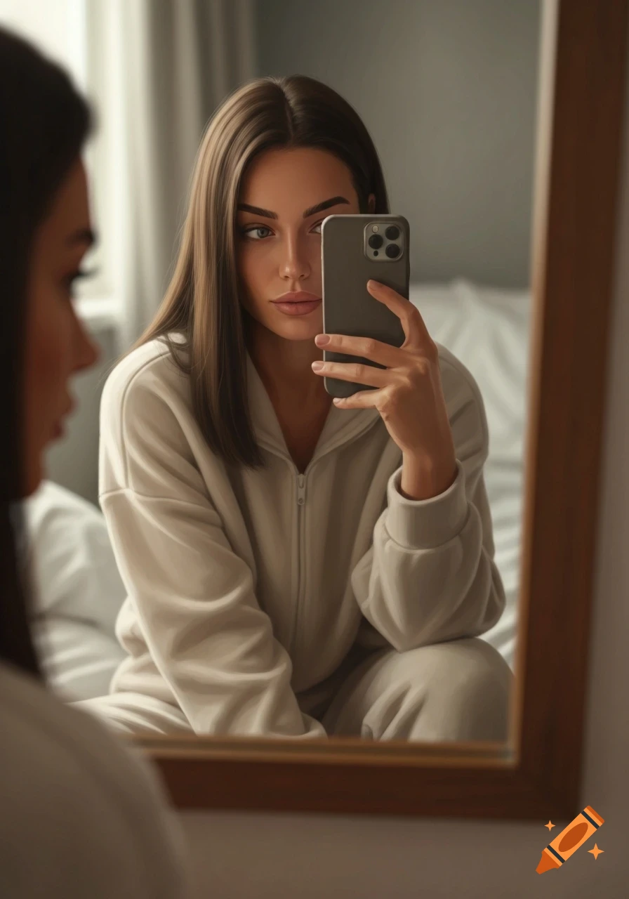 Photorealistic portrait of a young woman with brown hair, in loungewear, taking a mirror selfie with her phone.