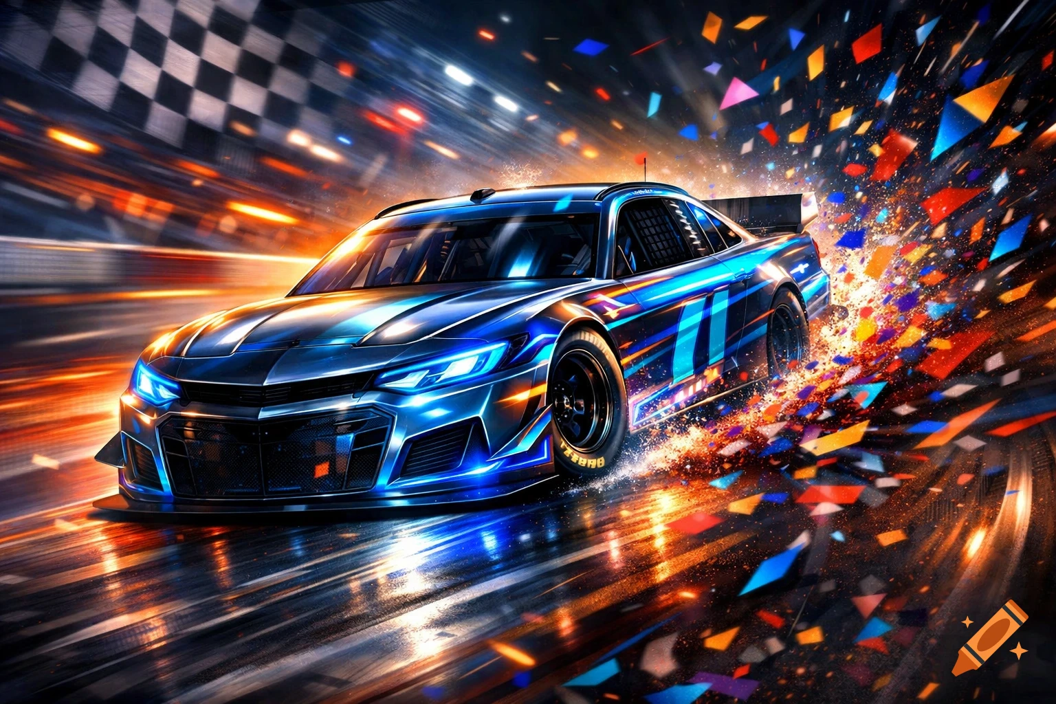 A stylized blue and black race car with glowing lights speeds past a checkered flag, surrounded by colorful confetti and motion blur.