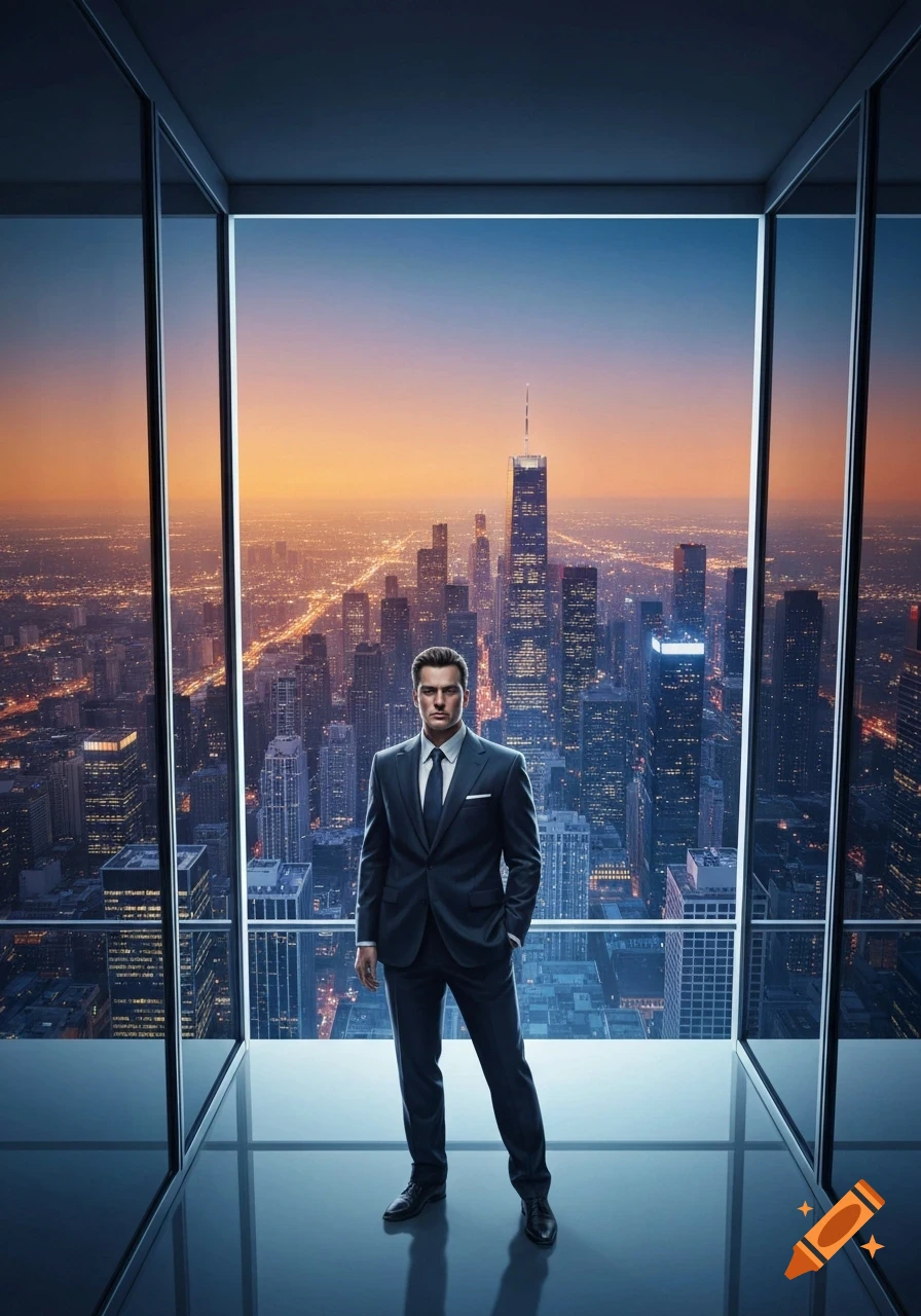 A confident man in a dark suit stands in a modern office overlooking a bustling city at sunset, photorealistic.