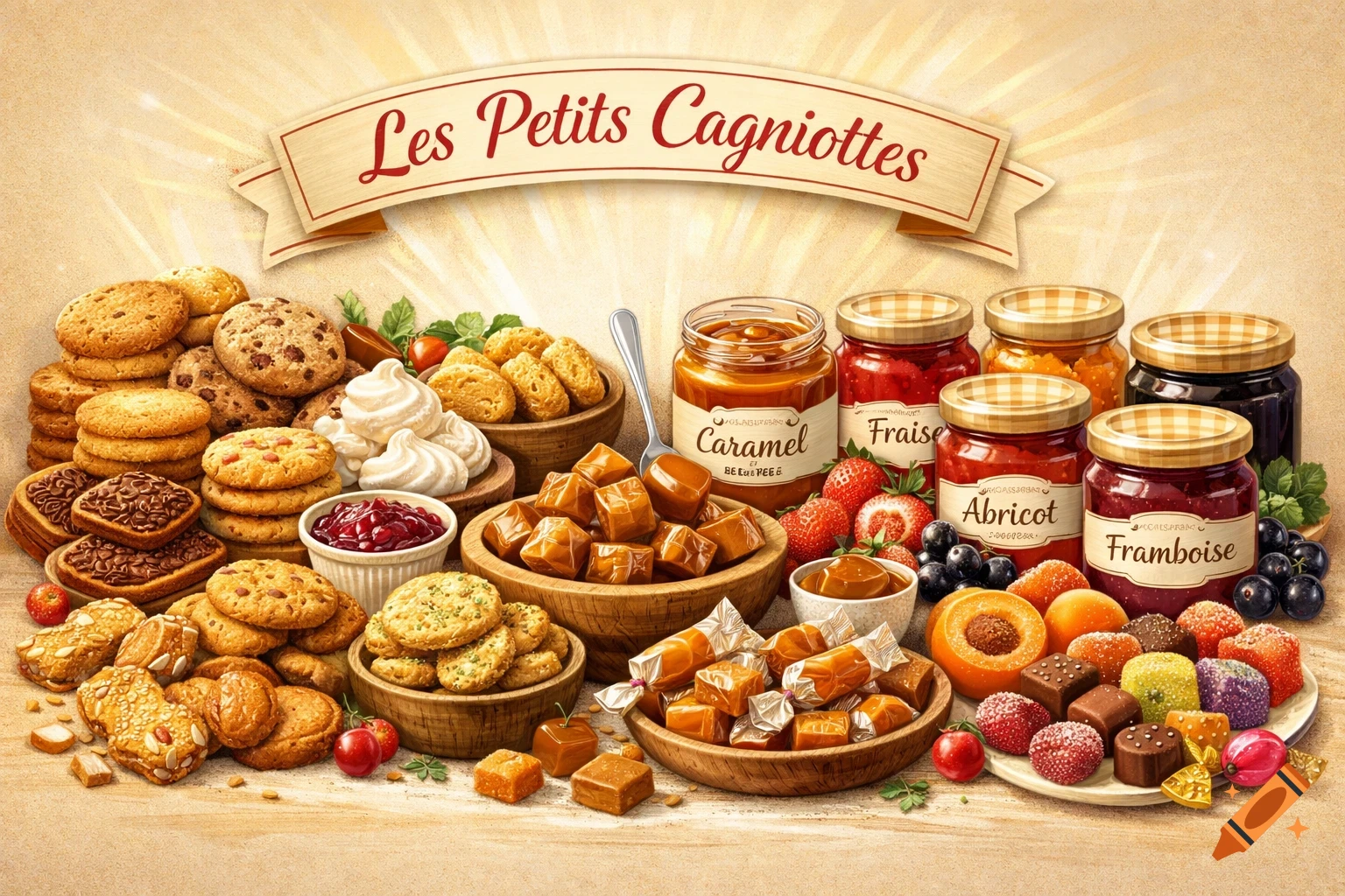 An assortment of French cookies, caramels, fruit preserves, and candies on a rustic wooden table with a banner reading "Les Petits Cagniottes."