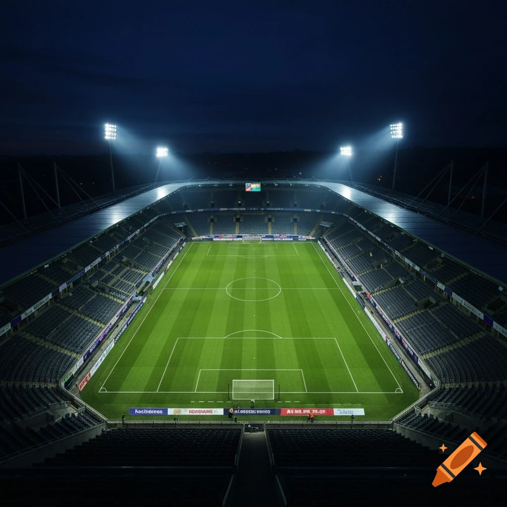 A top-down view of an empty floodlit football stadium at night, featuring a green field and dark stands.