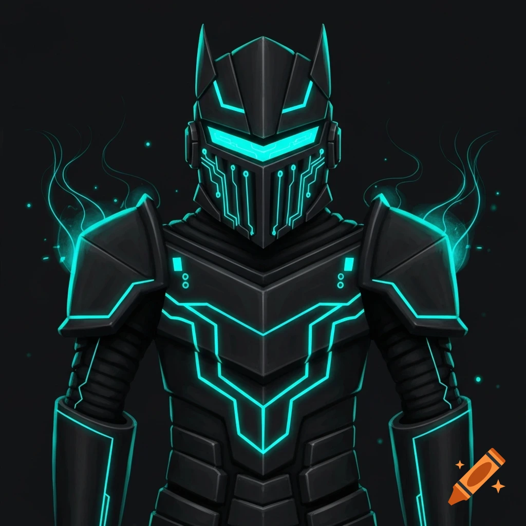 A futuristic black knight or robot armor with glowing turquoise circuit-like lines and details, set against a dark background.